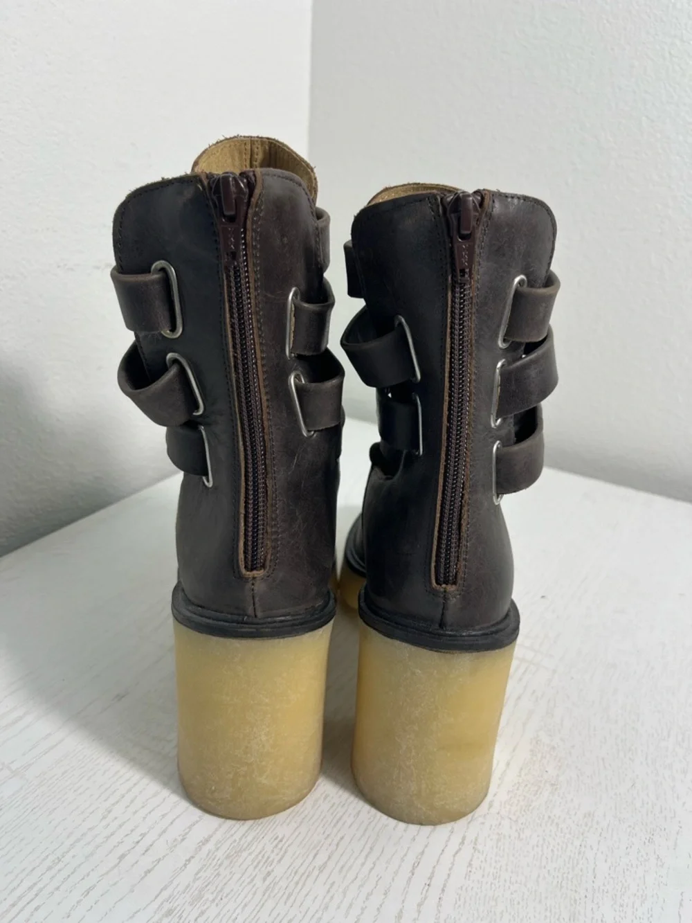 NEW Free People Jesse Cutout Leather Boots Bitter Brown Chunky Cream Heel 41/10